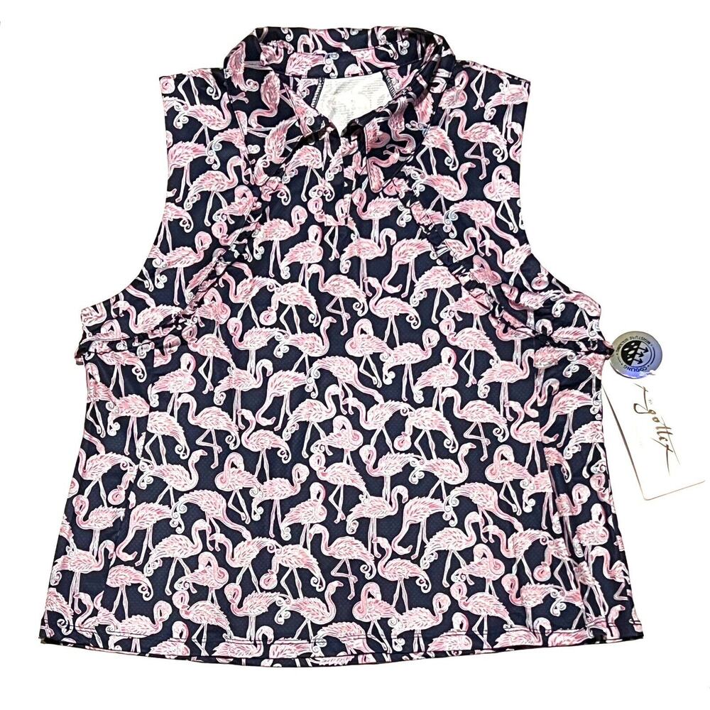 Gottex XL Sleeveless Golf Tank Top Shirt Flamingo Tennis Navy Pink Ruffle Collar